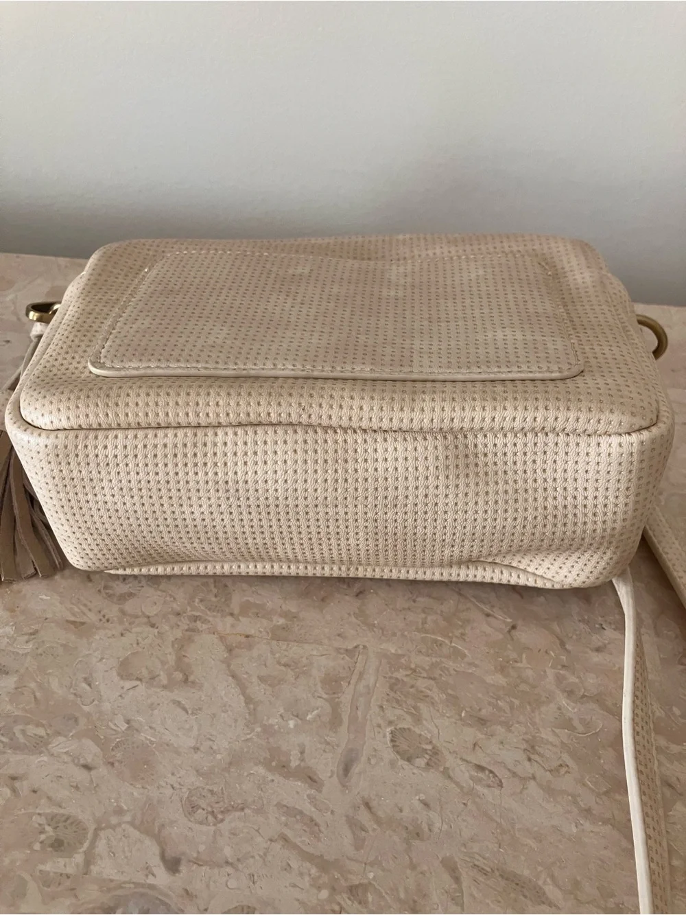 Anthropologie Cream Perforated Crossbody Camera Bag with Tassel